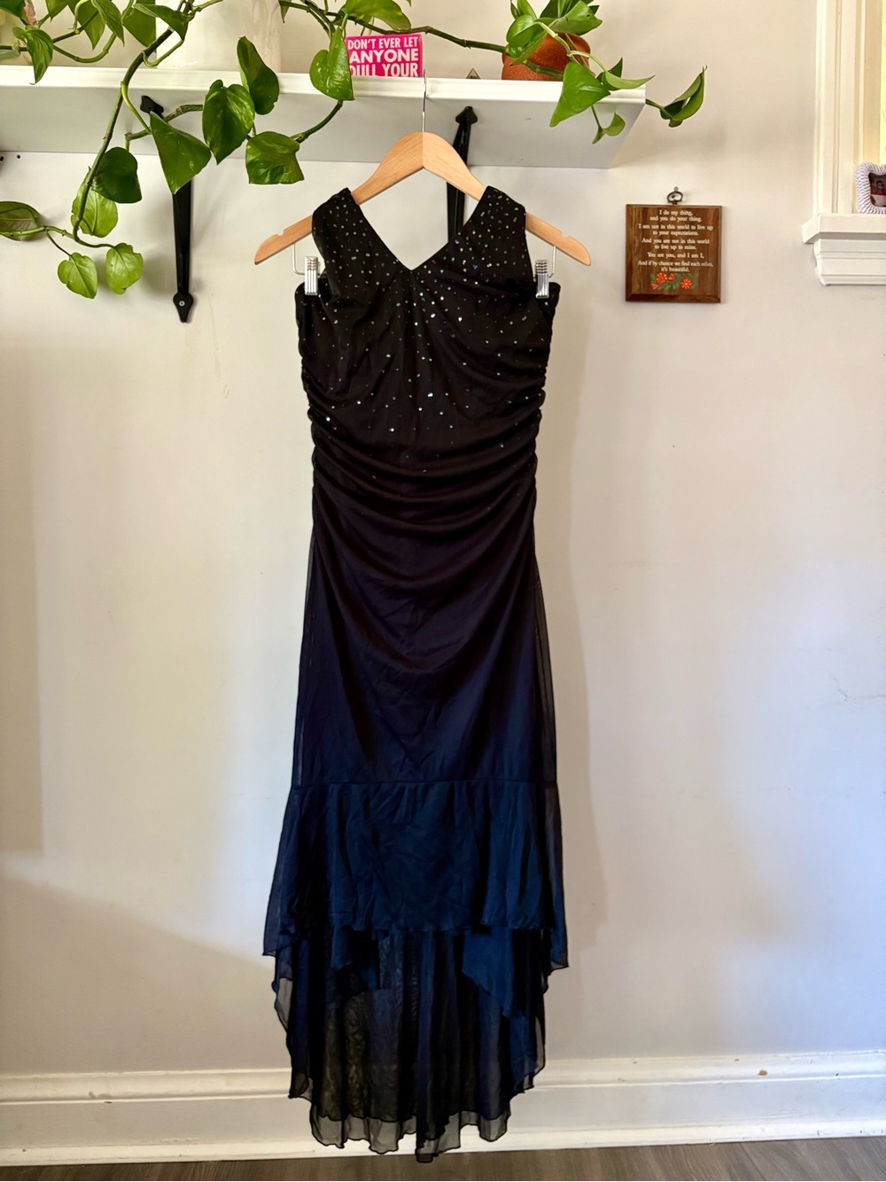 Black Evening High-Low Dress with Rhinestone Accents
